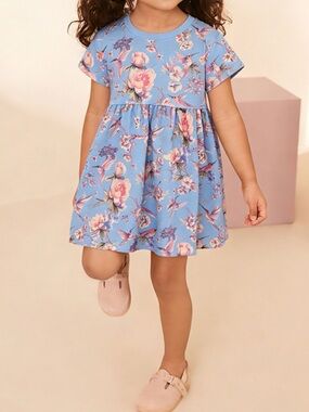 Girls' Light Blue Floral Short-Sleeve Casual Dress